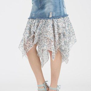 POL SMALL Distressed Blue Jean Denim Hanky Hem Skirt Lace Contrast Pockets